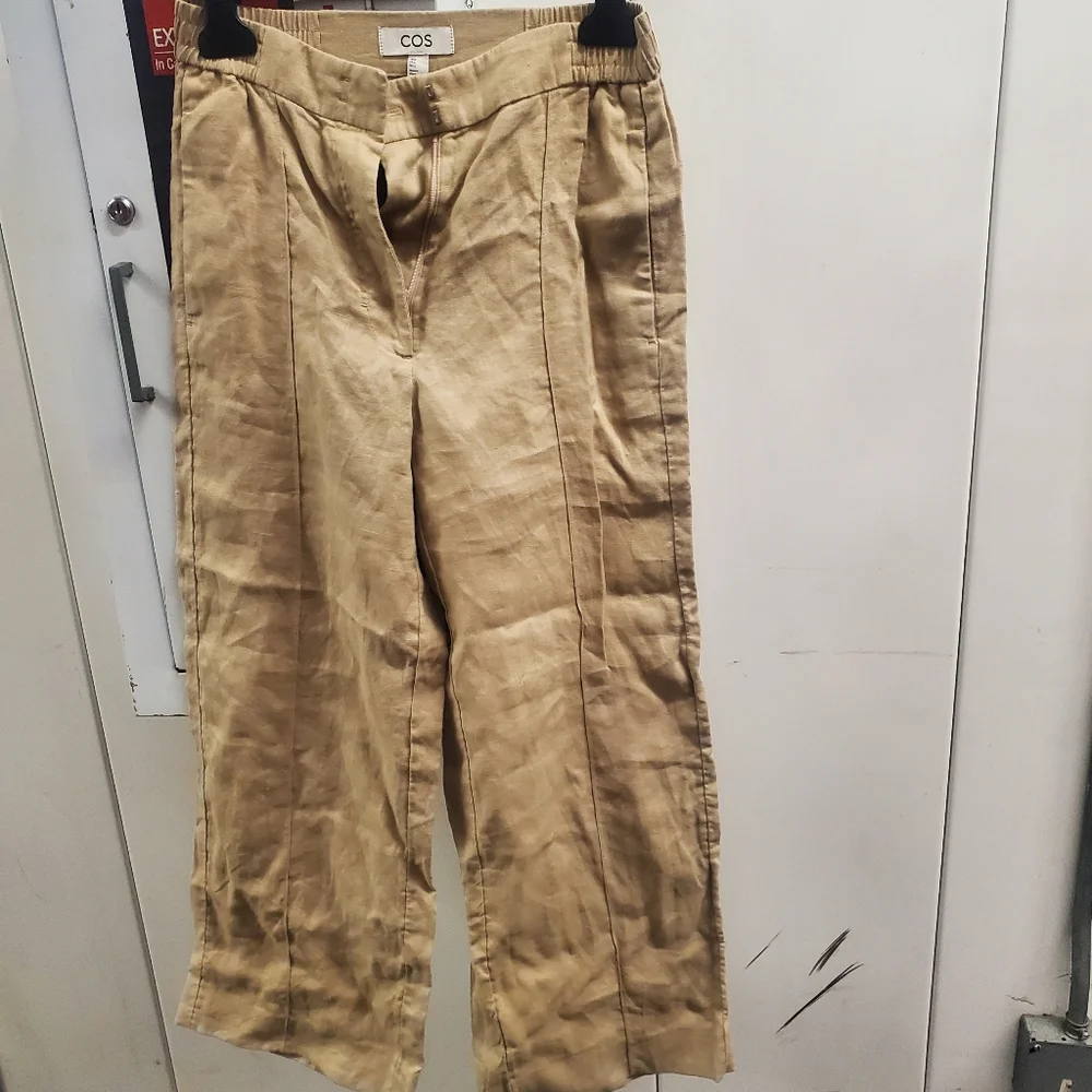 Cos Neutral Beige Linen Blend Pleat Front Straight Wide Leg Trousers Size 2